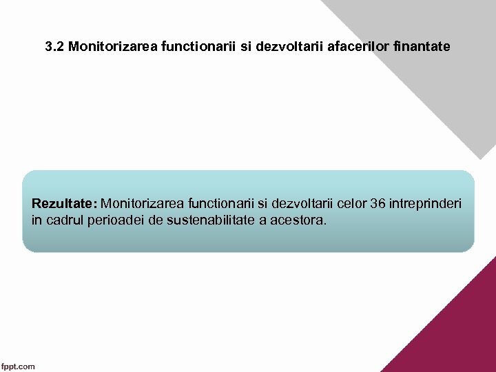 3. 2 Monitorizarea functionarii si dezvoltarii afacerilor finantate Rezultate: Monitorizarea functionarii si dezvoltarii celor