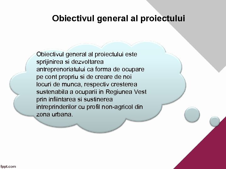 Obiectivul general al proiectului este sprijinirea si dezvoltarea antreprenoriatului ca forma de ocupare pe