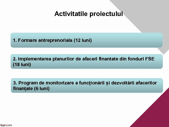 Activitatile proiectului 1. Formare antreprenoriala (12 luni) 2. Implementarea planurilor de afaceri finantate din