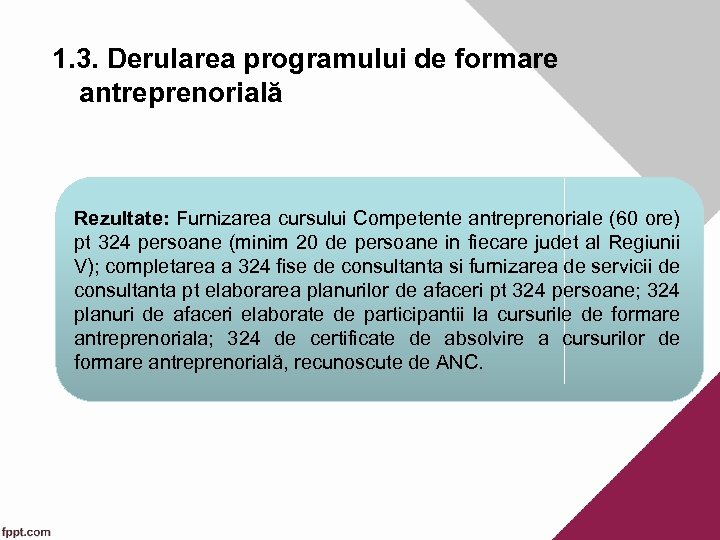 1. 3. Derularea programului de formare antreprenorială Rezultate: Furnizarea cursului Competente antreprenoriale (60 ore)