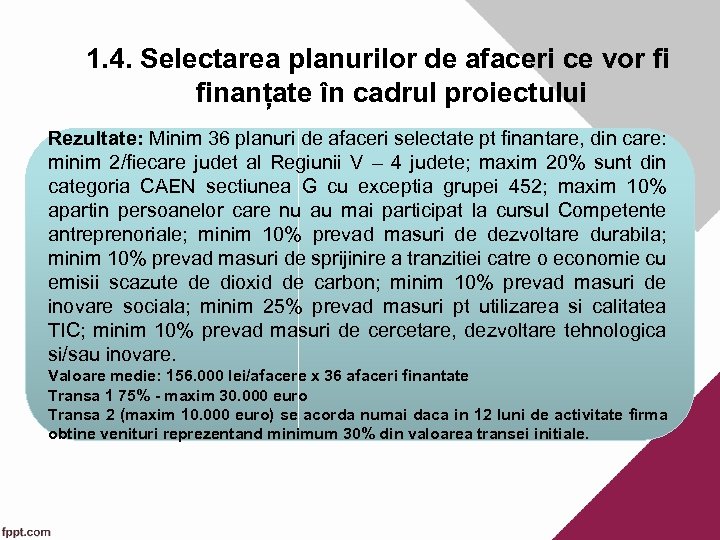 1. 4. Selectarea planurilor de afaceri ce vor fi finanțate în cadrul proiectului Rezultate: