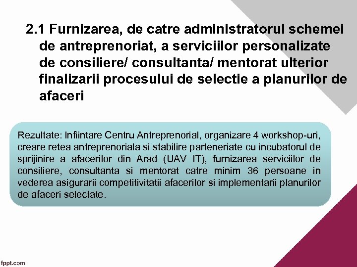 2. 1 Furnizarea, de catre administratorul schemei de antreprenoriat, a serviciilor personalizate de consiliere/