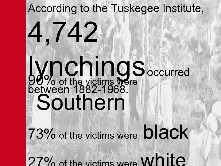 According to the Tuskegee Institute, 4, 742 lynchings 90% of the victims were occurred