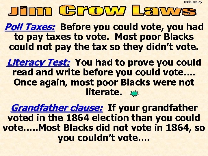 social reality Poll Taxes: Before you could vote, you had to pay taxes to