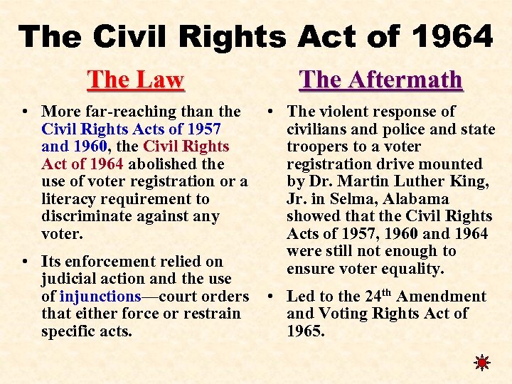 The Civil Rights Act of 1964 The Law The Aftermath • More far-reaching than