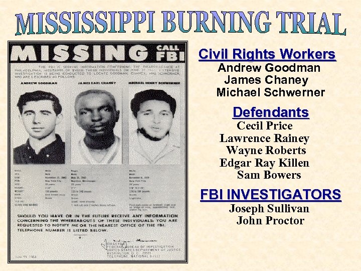 Civil Rights Workers Andrew Goodman James Chaney Michael Schwerner Defendants Cecil Price Lawrence Rainey
