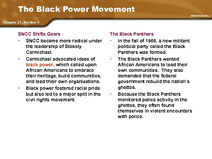 The Black Power Movement Chapter 21, Section 5 SNCC Shifts Gears • SNCC became