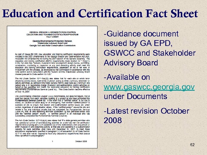 Education and Certification Fact Sheet -Guidance document issued by GA EPD, GSWCC and Stakeholder