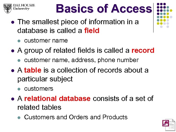 Basics of Access l The smallest piece of information in a database is called