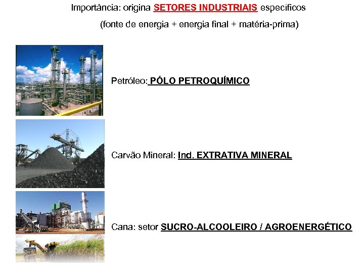 Importância: origina SETORES INDUSTRIAIS específicos (fonte de energia + energia final + matéria-prima) Petróleo: