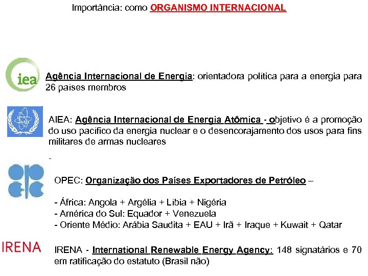 Importância: como ORGANISMO INTERNACIONAL Agência Internacional de Energia: orientadora política para a energia para
