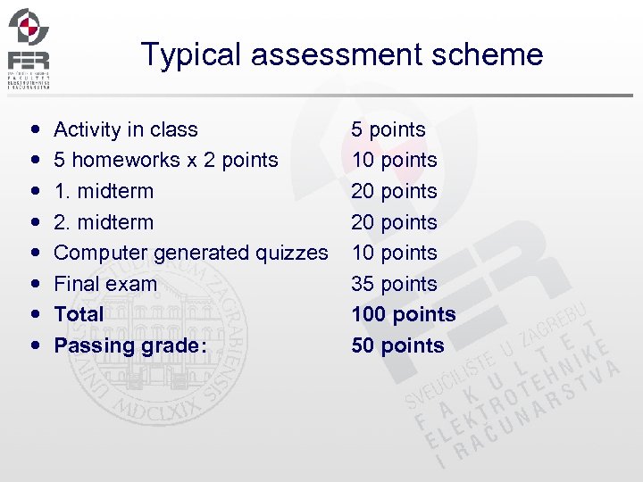Typical assessment scheme Activity in class 5 homeworks x 2 points 1. midterm 2.