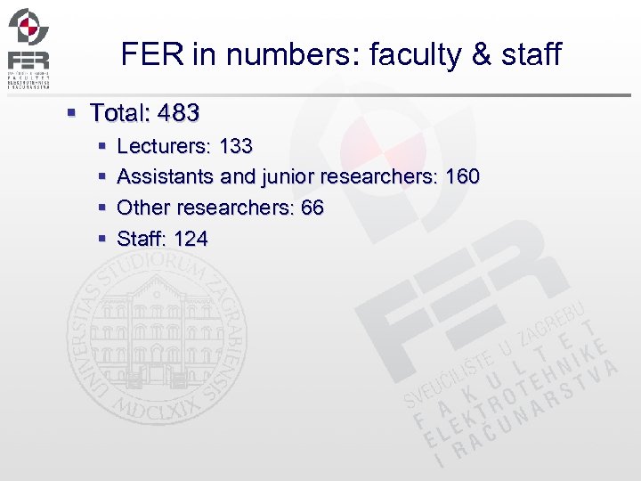 FER in numbers: faculty & staff § Total: 483 § § Lecturers: 133 Assistants