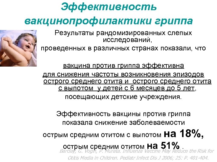 Эффективность вакцинопрофилактики гриппа Результаты рандомизированных слепых исследований, проведенных в различных странах показали, что вакцина