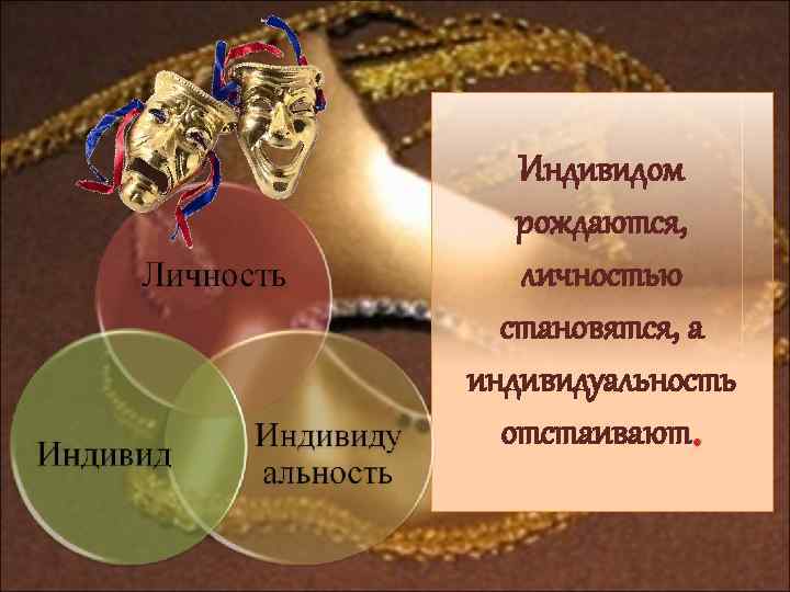 Индивидом рождаются, личностью становятся, а индивидуальность отстаивают. 