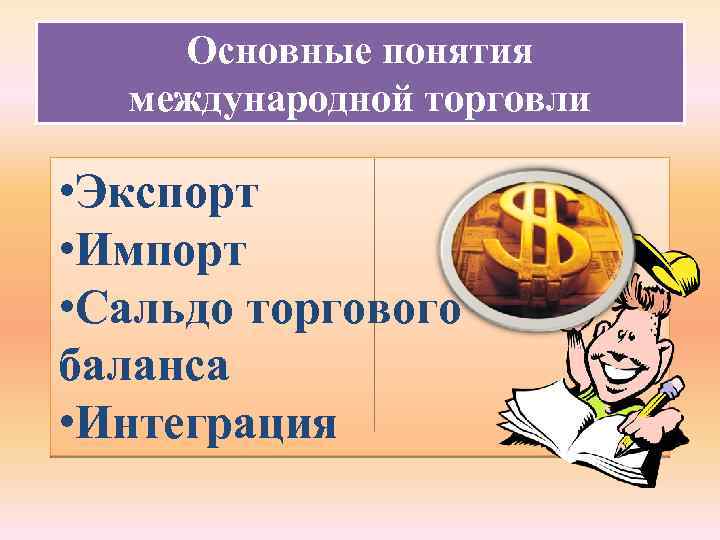 Основные понятия международной торговли • Экспорт • Импорт • Сальдо торгового баланса • Интеграция