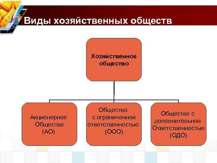 Виды хозяйственных обществ Хозяйственное общество Акционерное Общество (АО) Общество с ограниченной ответственностью (ООО). Общество