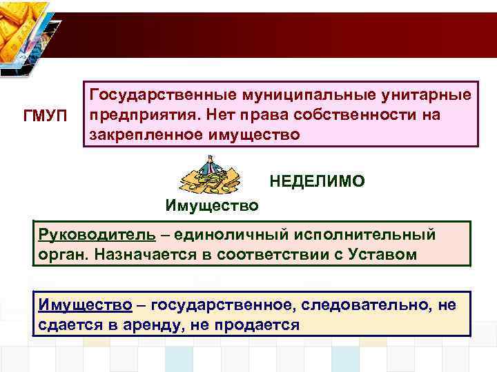 ГМУП Государственные муниципальные унитарные предприятия. Нет права собственности на закрепленное имущество НЕДЕЛИМО Имущество Руководитель