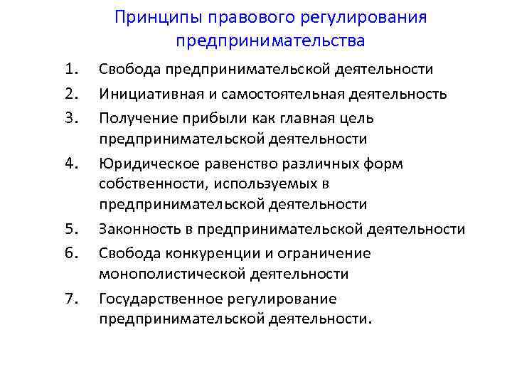 Принципы правового регулирования предпринимательства 1. 2. 3. 4. 5. 6. 7. Свобода предпринимательской деятельности