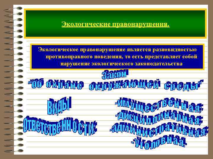 Экологические правонарушения. Экологическое правонарушение является разновидностью противоправного поведения, то есть представляет собой нарушение экологического