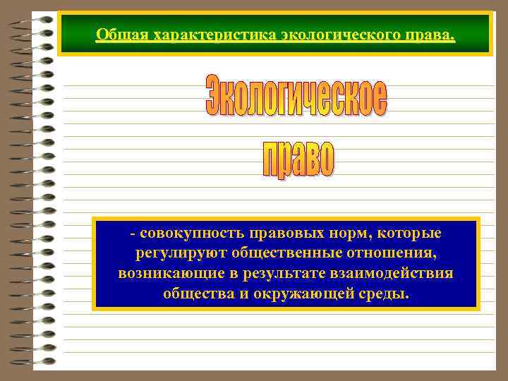 Общая характеристика экологического права. - совокупность правовых норм, которые регулируют общественные отношения, возникающие в