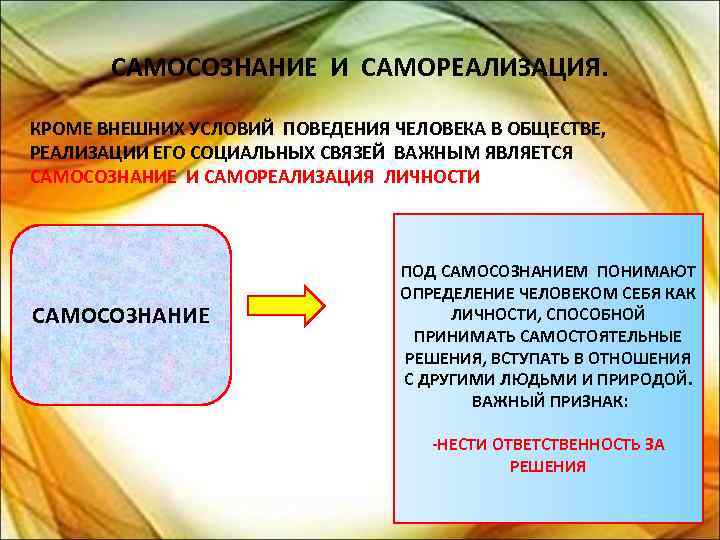САМОСОЗНАНИЕ И САМОРЕАЛИЗАЦИЯ. КРОМЕ ВНЕШНИХ УСЛОВИЙ ПОВЕДЕНИЯ ЧЕЛОВЕКА В ОБЩЕСТВЕ, РЕАЛИЗАЦИИ ЕГО СОЦИАЛЬНЫХ СВЯЗЕЙ