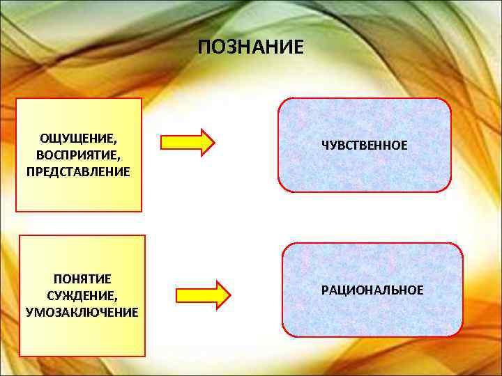 ПОЗНАНИЕ ОЩУЩЕНИЕ, ВОСПРИЯТИЕ, ПРЕДСТАВЛЕНИЕ ПОНЯТИЕ СУЖДЕНИЕ, УМОЗАКЛЮЧЕНИЕ ЧУВСТВЕННОЕ РАЦИОНАЛЬНОЕ 
