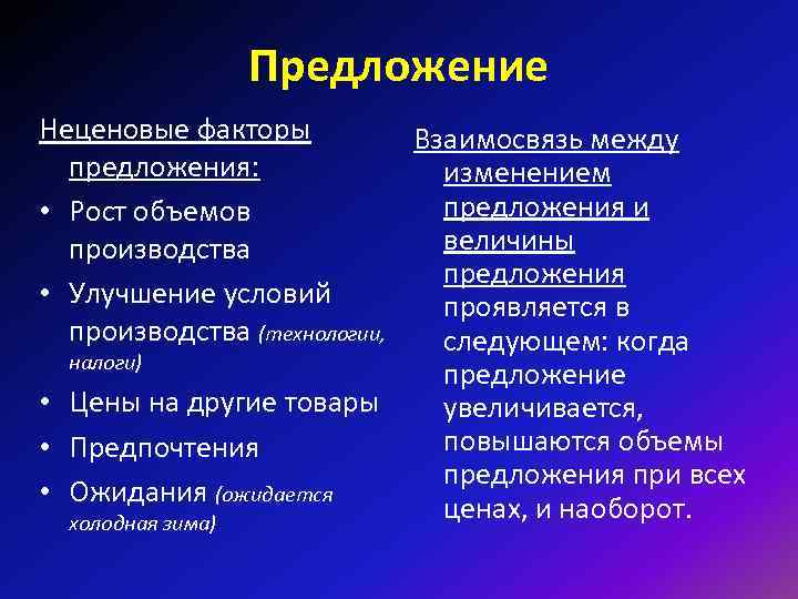 Предложение Неценовые факторы Взаимосвязь между предложения: изменением предложения и • Рост объемов величины производства