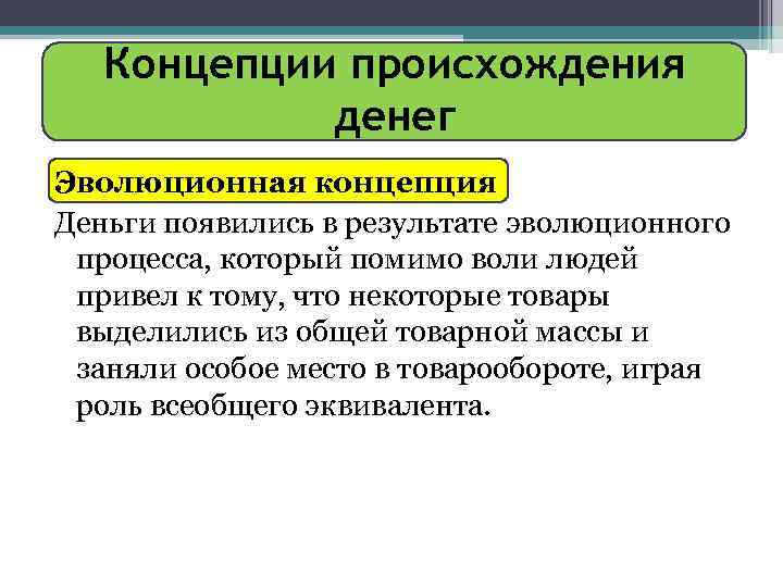 Концепции происхождения денег Эволюционная концепция Деньги появились в результате эволюционного процесса, который помимо воли