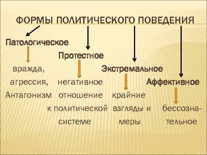 ФОРМЫ ПОЛИТИЧЕСКОГО ПОВЕДЕНИЯ Патологическое Протестное вражда, Экстремальное агрессия, негативное Аффективное Антагонизм отношение крайние к