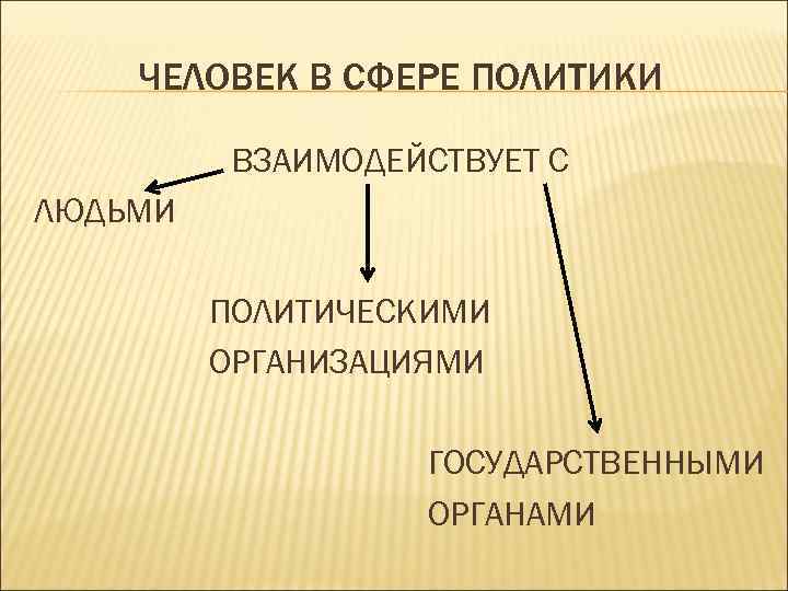 ЧЕЛОВЕК В СФЕРЕ ПОЛИТИКИ ВЗАИМОДЕЙСТВУЕТ С ЛЮДЬМИ ПОЛИТИЧЕСКИМИ ОРГАНИЗАЦИЯМИ ГОСУДАРСТВЕННЫМИ ОРГАНАМИ 