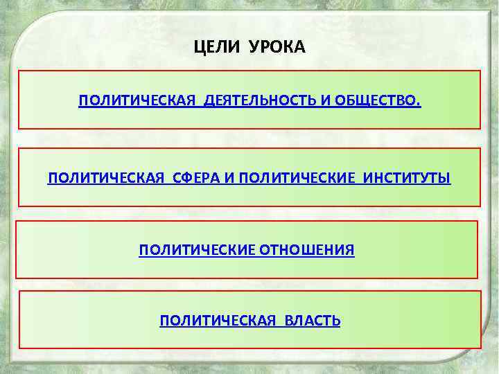 ЦЕЛИ УРОКА ПОЛИТИЧЕСКАЯ ДЕЯТЕЛЬНОСТЬ И ОБЩЕСТВО. ПОЛИТИЧЕСКАЯ СФЕРА И ПОЛИТИЧЕСКИЕ ИНСТИТУТЫ ПОЛИТИЧЕСКИЕ ОТНОШЕНИЯ ПОЛИТИЧЕСКАЯ
