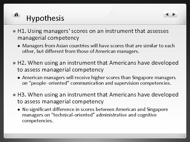 Hypothesis l H 1. Using managers' scores on an instrument that assesses managerial competency