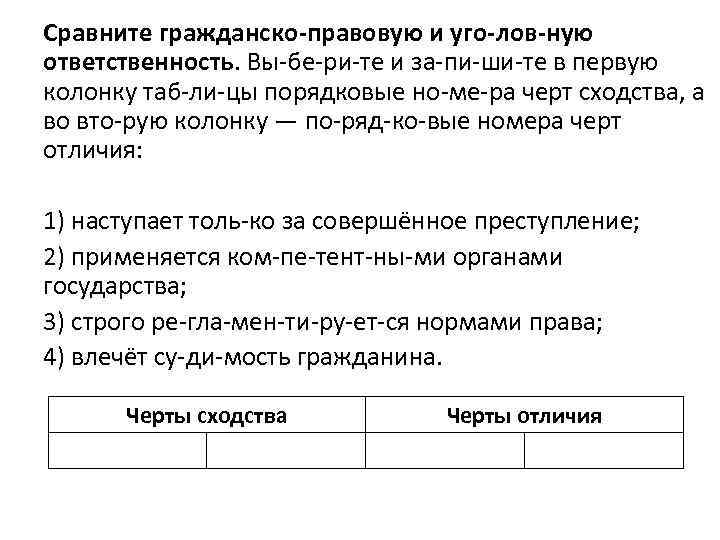 Сравните гражданско правовую и уго лов ную ответственность. Вы бе ри те и за
