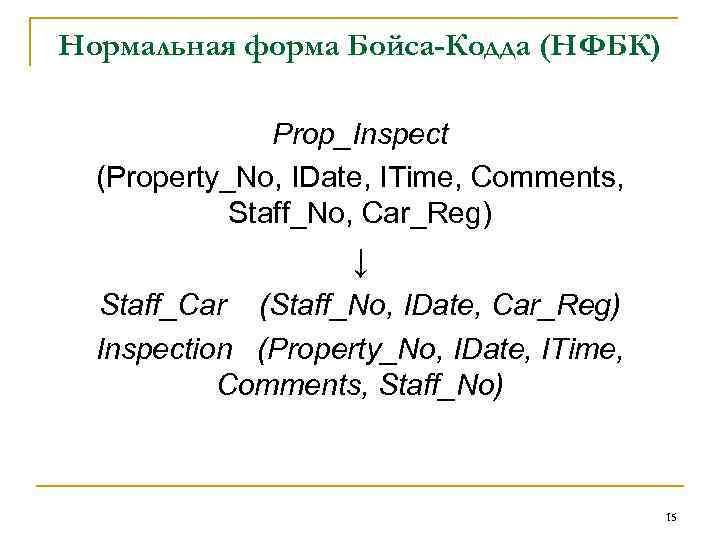 Нормальная форма Бойса-Кодда (НФБК) Prop_Inspect (Property_No, IDate, ITime, Comments, Staff_No, Car_Reg) ↓ Staff_Car (Staff_No,