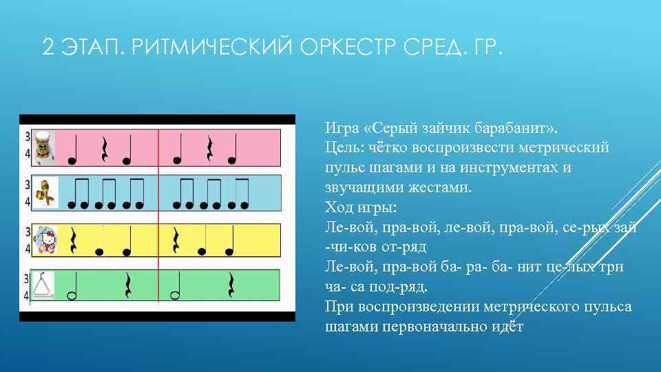 2 ЭТАП. РИТМИЧЕСКИЙ ОРКЕСТР СРЕД. ГР. Игра «Серый зайчик барабанит» . Цель: чётко воспроизвести