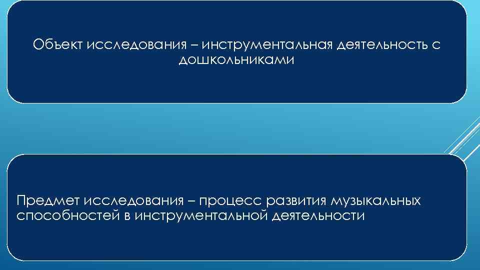 Объект исследования – инструментальная деятельность с дошкольниками Предмет исследования – процесс развития музыкальных способностей