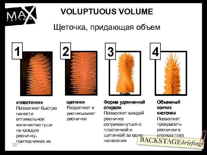VOLUPTUOUS VOLUME Щеточка, придающая объем 1 «пластинки» Позволяют быстро нанести оптимальное количество туши на
