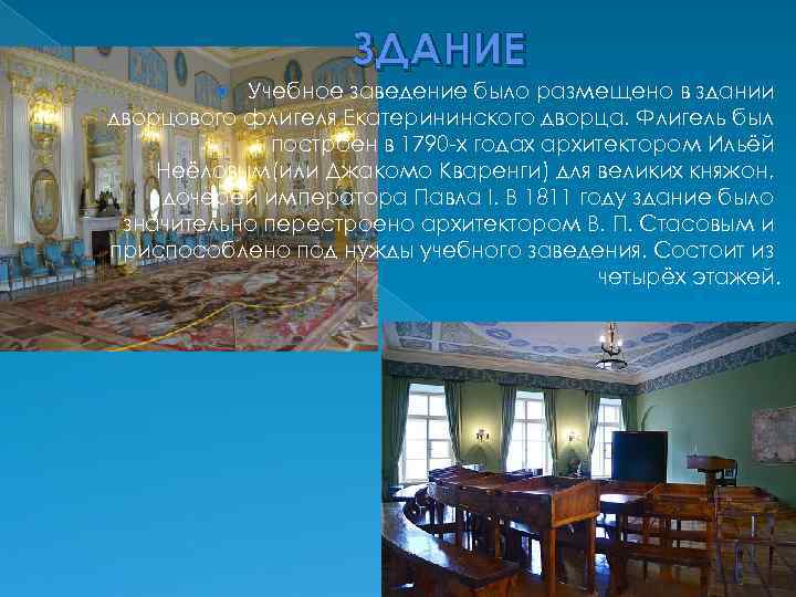 ЗДАНИЕ Учебное заведение было размещено в здании дворцового флигеля Екатерининского дворца. Флигель был построен