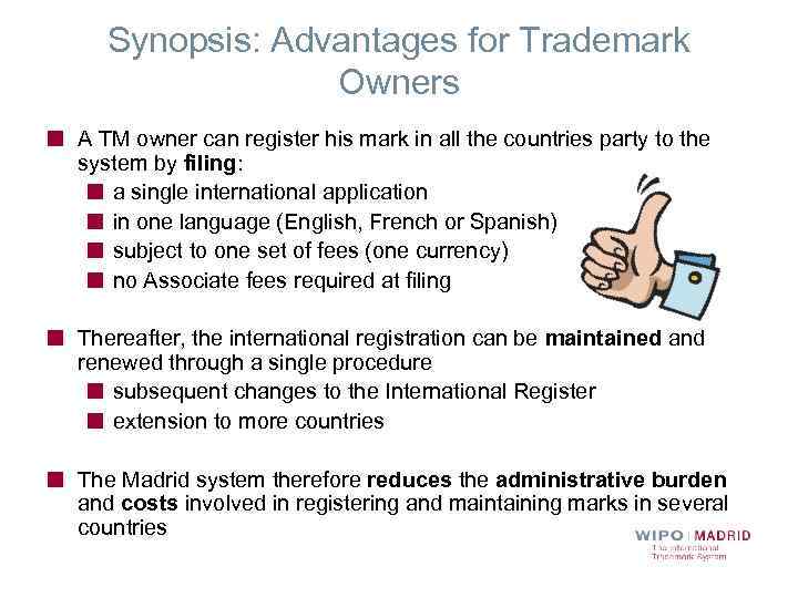 Synopsis: Advantages for Trademark Owners A TM owner can register his mark in all