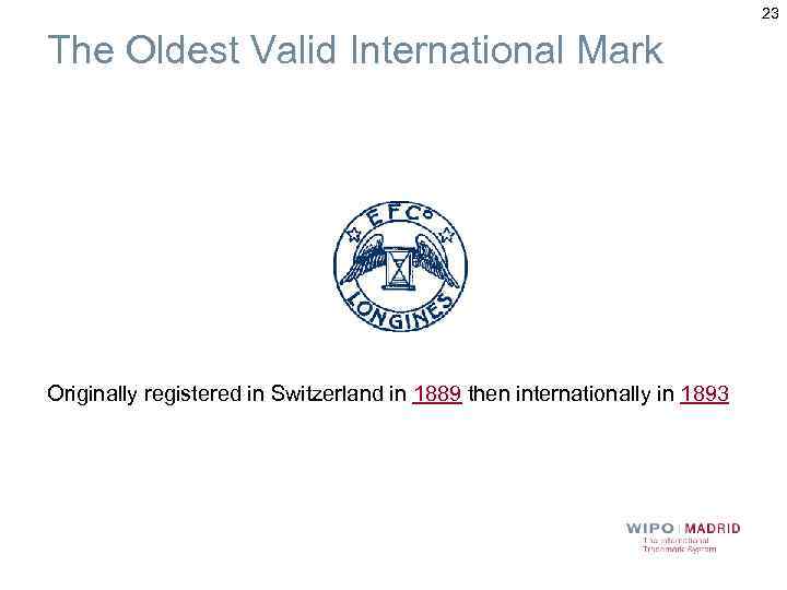 23 The Oldest Valid International Mark Originally registered in Switzerland in 1889 then internationally