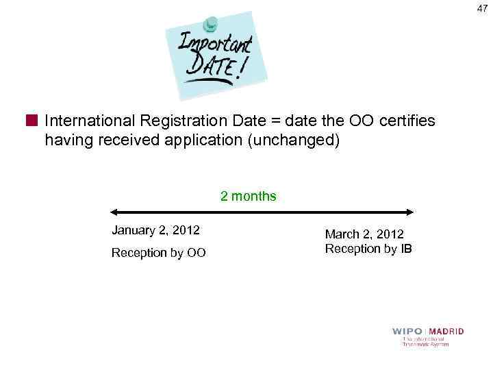 47 International Registration Date = date the OO certifies having received application (unchanged) 2