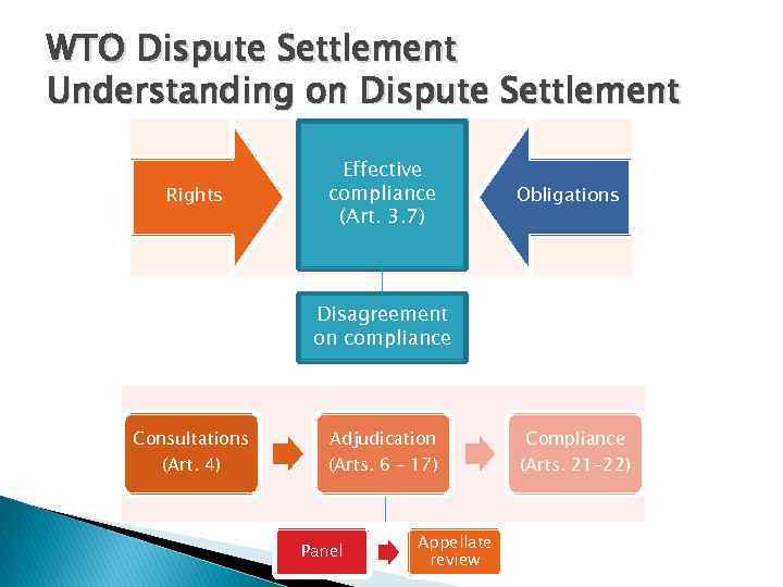 WTO Dispute Settlement Understanding on Dispute Settlement Rights Effective compliance (Art. 3. 7) Obligations