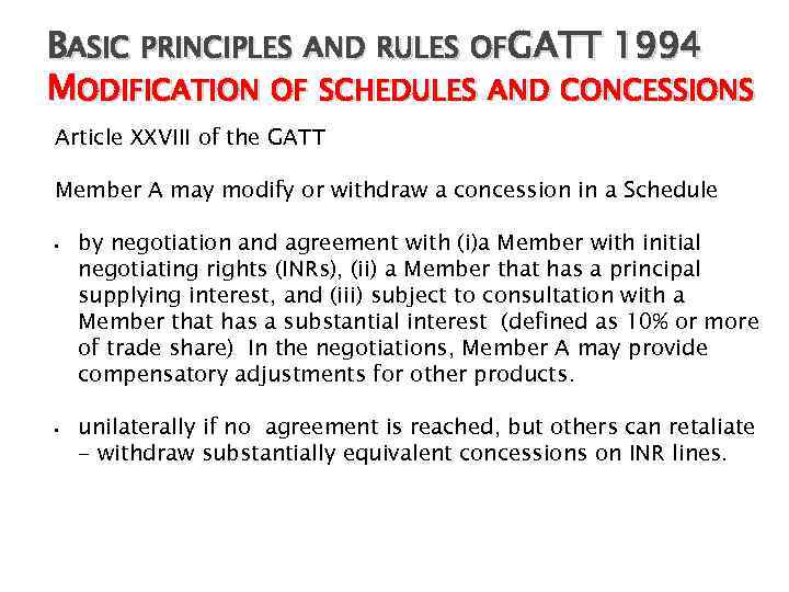 BASIC PRINCIPLES AND RULES OFGATT 1994 MODIFICATION OF SCHEDULES AND CONCESSIONS Article XXVIII of