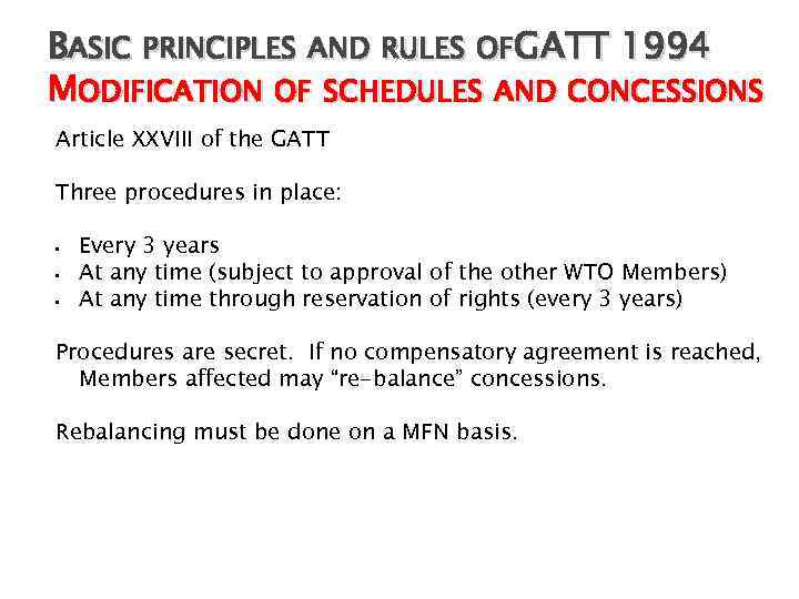 BASIC PRINCIPLES AND RULES OFGATT 1994 MODIFICATION OF SCHEDULES AND CONCESSIONS Article XXVIII of