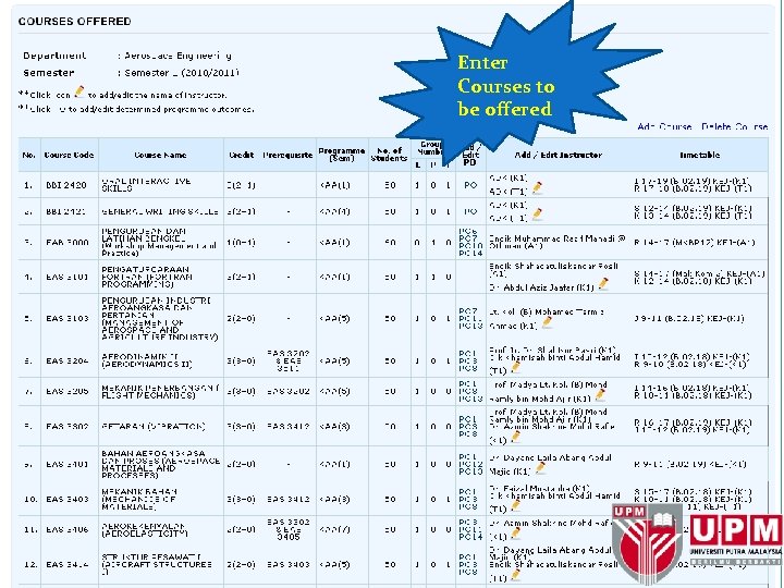 Enter Courses to be offered 