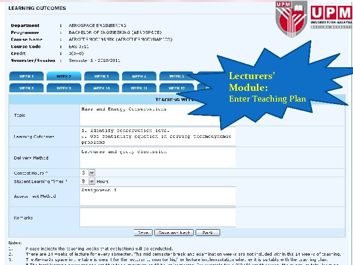 Lecturers’ Module: Enter Teaching Plan 