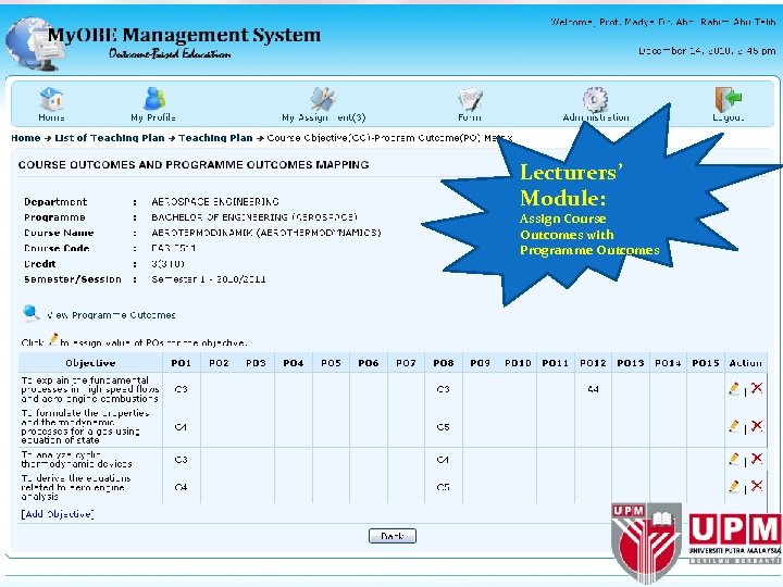 Lecturers’ Module: Assign Course Outcomes with Programme Outcomes 