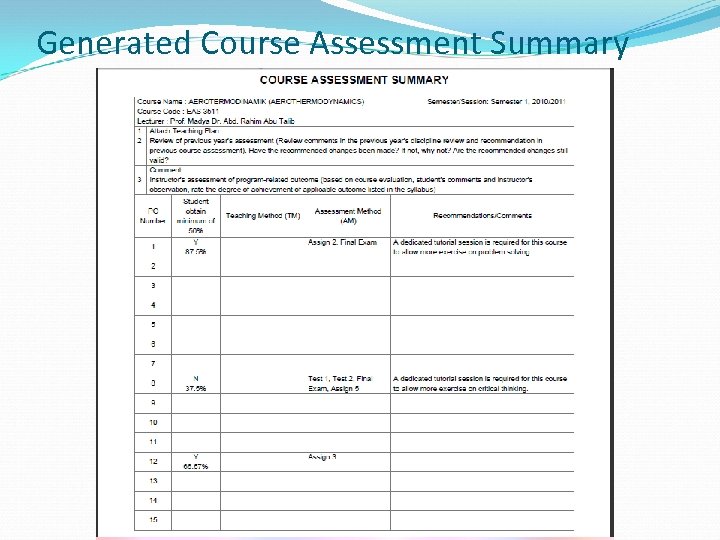 Generated Course Assessment Summary 