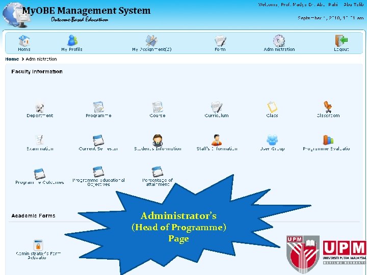 Administrator’s (Head of Programme) Page 